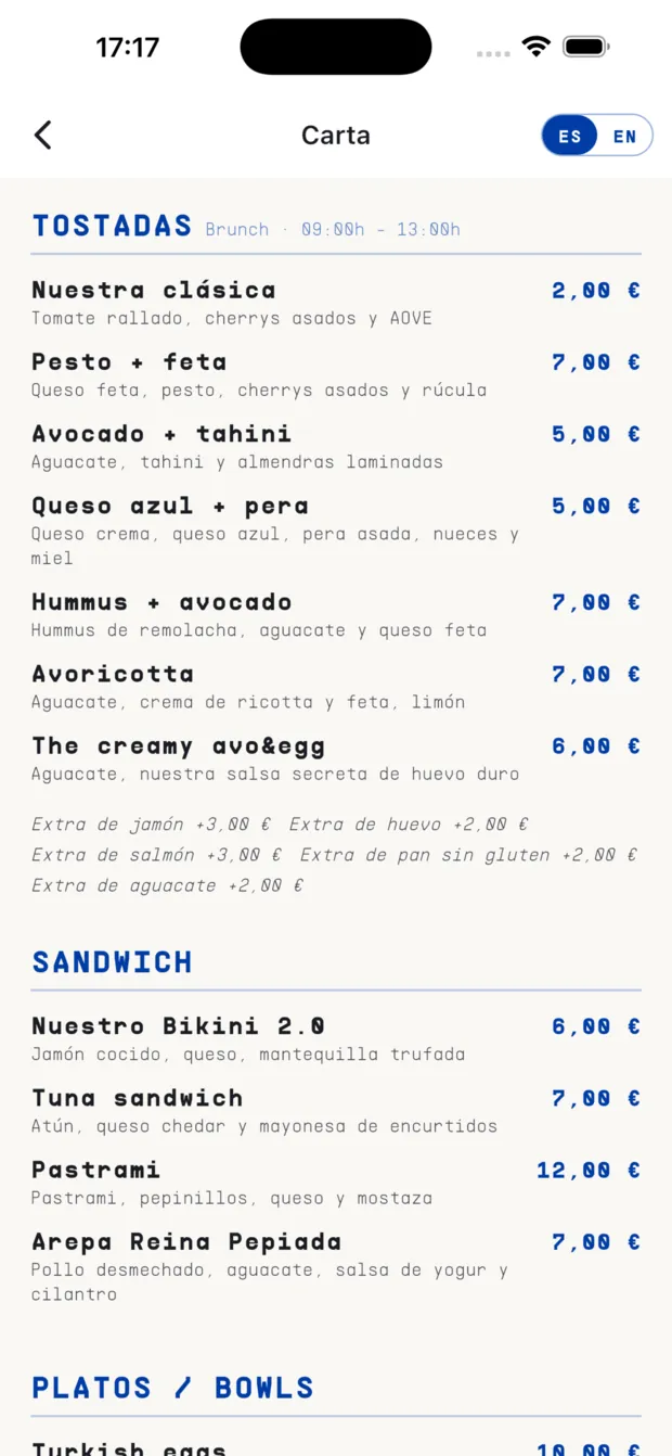 Carta digital de C-Coffee dentro de la app
