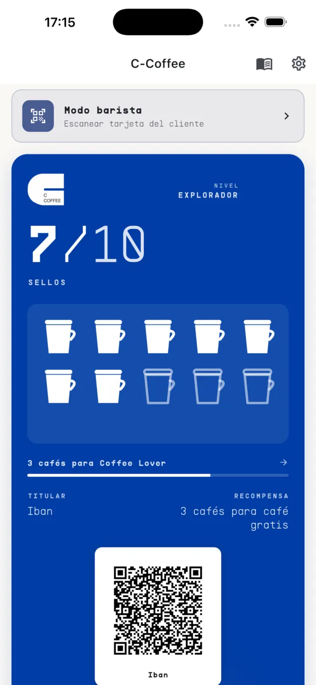 Tarjeta de C-Coffee con 7 de 10 sellos y el código QR del cliente