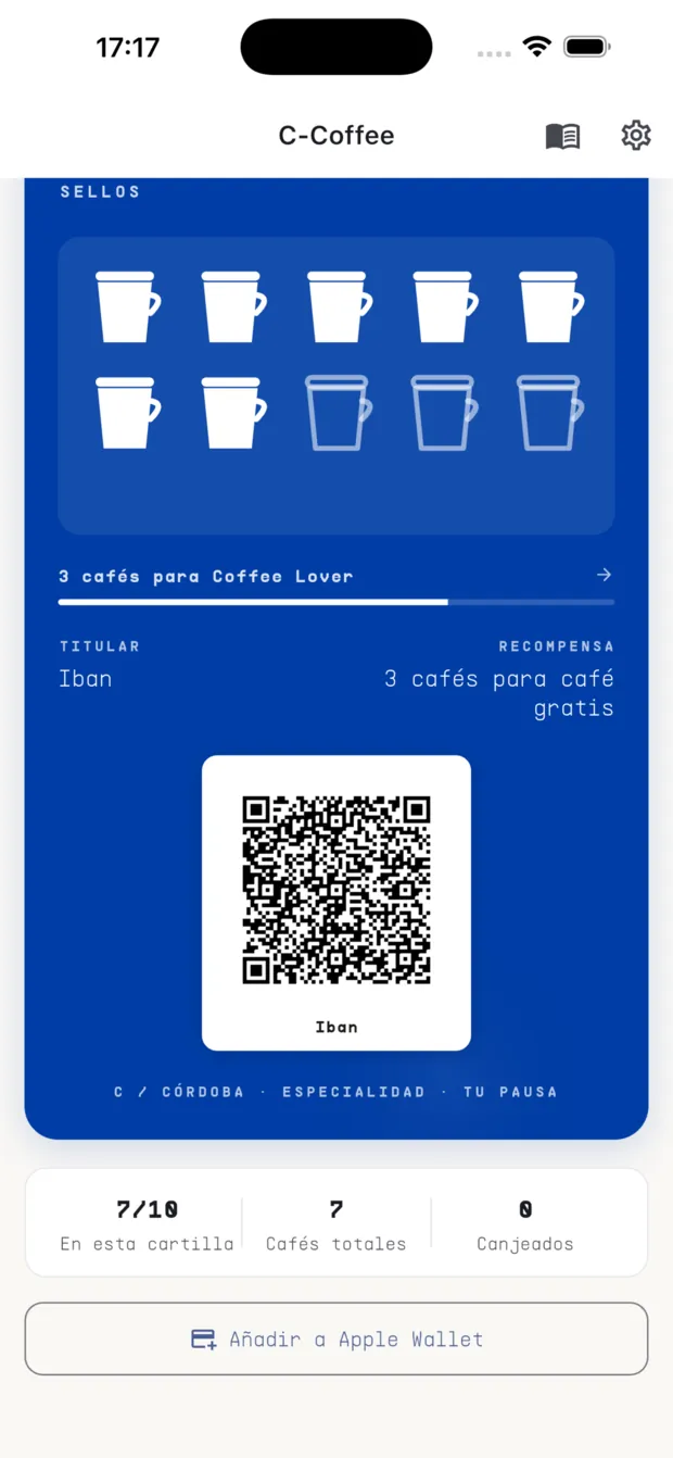 Resumen de sellos de C-Coffee con el botón de añadir a Apple Wallet