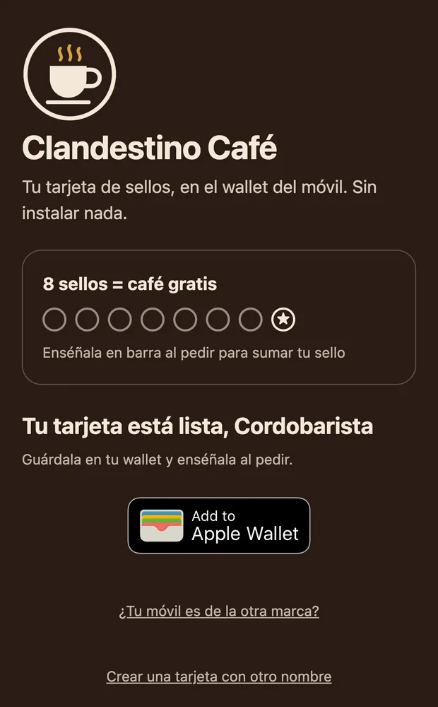 Página de alta de la tarjeta de Clandestino Café lista para Cordobarista, con el botón de añadir a Apple Wallet