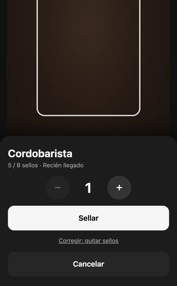 Escáner de barra con la tarjeta de Cordobarista: 5 de 8 sellos y el botón Sellar