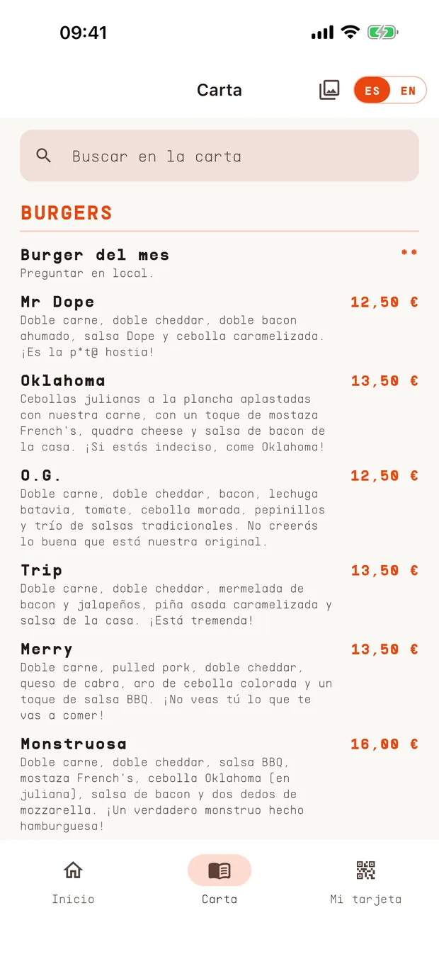 Carta de Mr. Dope con fotos de los platos