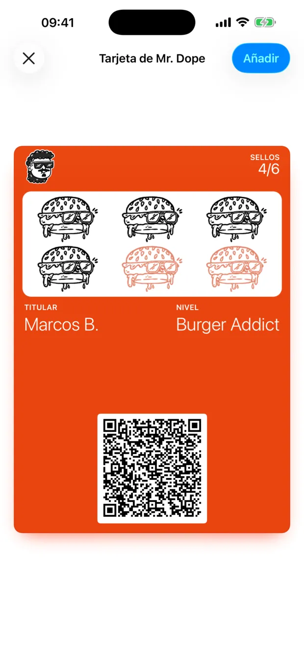 Pase de Mr. Dope en Apple Wallet, con los sellos y el QR